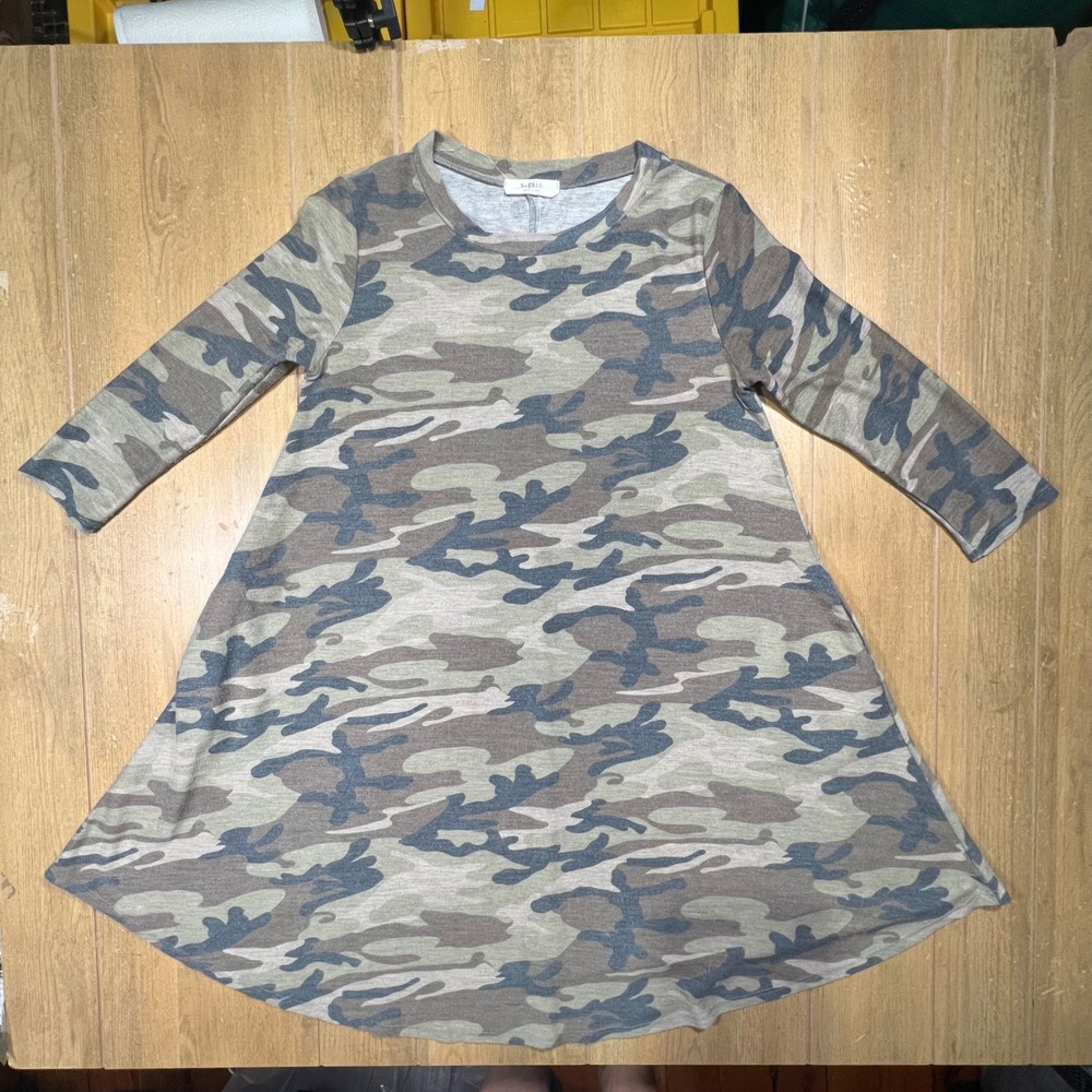 A.Gain Camouflage Long Sleeve Swing Tunic Dress with Pockets Green Brown